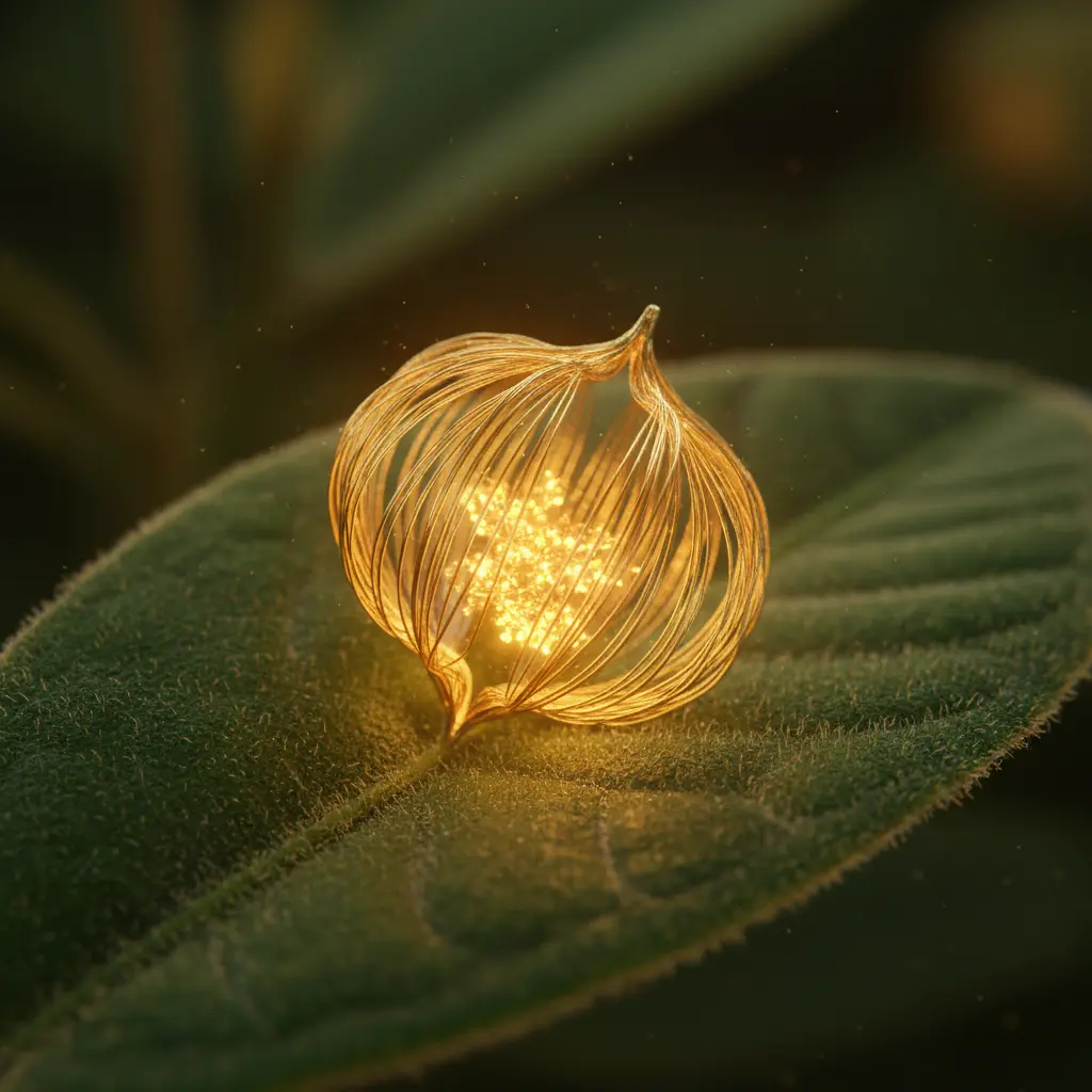 A glowing golden seed pod resting on a velvet leaf