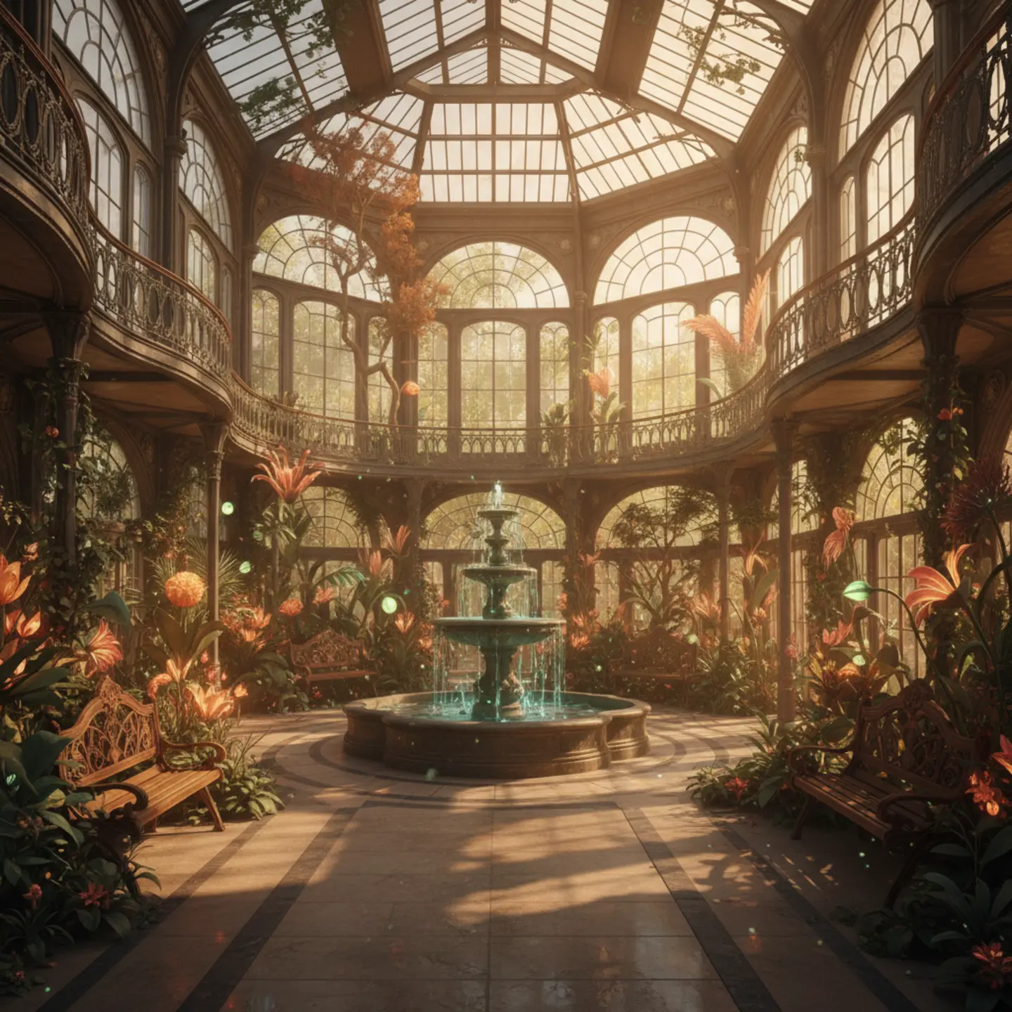 A breathtaking view inside a giant glass conservatory glowing with golden digital flora